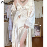Autumn Silk Sexy Strap Dress Women Casual Korean Elegant Long Split Dress Patchwork Lace Dress Women Fashion Elegant V