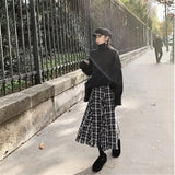 Tweed Plaid Fringed Long Skirt Women Wool Elegant French Midi Skirt Office Ladies Irregular Vintage Tassel Black A-Line