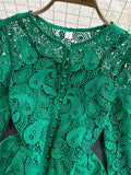 Red Hollow Out Blouse Women Vintage Elegant Round Neck Lantern Long Sleeve Single Breasted Shirt New