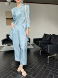 Glitter 2 Piece Sets Womens Outfits Wrap Top And Pants Sets Light Blue Designer Top Bloues Clothes For Women
