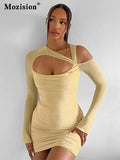 Elegant Mesh Ruched Mini Dress For Women Gown Summer New Hollow Out Full Sleeve Backless Bodycon Sexy Club Party