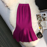 Vintage Knit Long Skirts Women Elastic High Waist Slim Mermaid Skirt Autumn Winter Korean Elegant Solid Trumpet Skirts