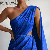 Women Solid Disty Floral Print Elegant One Shoulder Midriff Wrap Sexy Satin Party Formal