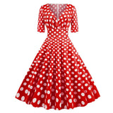 Dot Printed Summer Women Casual Vintage Dress Short Sleeve V Neck A Line Swing Pin Up Rockabilly Sundress 50s 60s