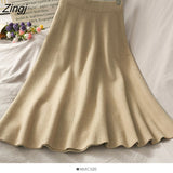 High Waist Midi knitted A- Line Skirt Women's Drape Umbrella Solid Striped long green Skirt Lady Fall Winter