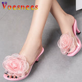 Three-Dimensional Flowers Slippers Summer Transparent Sandals Beach Shoes Thin High Heels Walk Show Crystal Party Women