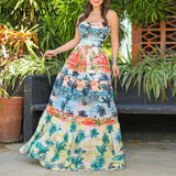 Women Elegant Strapless and Sleeveless Tropical Landscape Pattern Hollow Out A Line Maxi Sexy Vacation