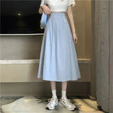 Solid Pleated Skirt High Waist Buttons Yellow Blue White Long Skirts Women Korean Casual Wild A-Line Skirts