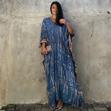 Printed V-neck Batwing Sleeve Side Split Loose Dress For Women Clothes Plus Size Beachwear Maxi Dress