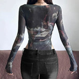 Retro Print Lace Splicing Pure Desire Mesh Perspective Long-Sleeved Conjoined
