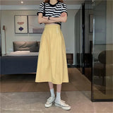Solid Pleated Skirt High Waist Buttons Yellow Blue White Long Skirts Women Korean Casual Wild A-Line Skirts