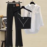 Women Streetwear Harajuku Y2k Outfits 3 PCS Sets Chain Vest+long Sleeve Sunscreen+wide Leg Hollow Out Denim Pant