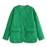 Fashion O-Neck Geometry Quilted Coats Single Breasted With Pockets A-Line Long Jackets For Women 2021 Tops Winter