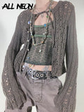 Y2K Fairy Grunge Bandage Long Sleeve Knitted Cardigans Goblincore Aesthetics O-neck Hollow Out Grey Sweaters Retro