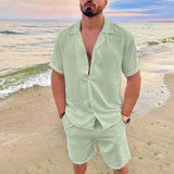 Men's Summer Casual Loose Two Piece Sets Beach Solid Cotton Linen Man Suit Short Sleeve Button Shirt And Shorts Office