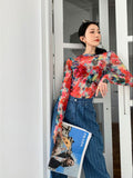 Red Crewneck Mesh Top Long Sleeve T Shirt Oil Painting Y2k Fashion Floral Top Crew Neck Tee Femme 2021 Fashion