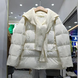 Hooded Splicing Feather Jacket Women 90% White Duck Down Coat Knitting Scarf hooded Short Parker Loose Warm