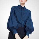 Spring Autumn Fashion Vintage Striped Print Single Breasted Casual Shirt Top Women Lantern Long Loose Blouse Female