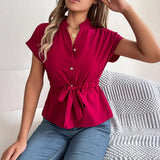 Shooting 2025 Spring And Summer Leisure Solid Color Button Drawstring Short-Sleeved Shirt