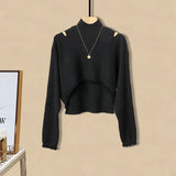 Warm Knitwears Two Piece Set For Women Outfit Korean Off The Shoulder Knitted Sweater+high Waist Patchwork Skirt Set