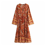 Queens Women Floral Print Long Sleeve Tassel Beach Bohemian Dress Robe Ladies Deep V-neck Boho Maxi