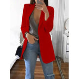 Women Autumn Solid Color Blazer Female Work Office Pocket Tweed Blazer Oversized Casual Slim Coat Fashion