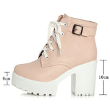 Autumn Fashion Women Boots Square High Heels Platform Buckle Lace Up Pu Short Booties Winter Ladies Shoes 2021