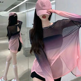 Sexy Hollow Out Backless T Shirts Women Gradient Ice Silk Loose Sunscreen Shirts Summer Gothic See Through Blouses
