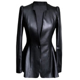 Autumn Black Slim Soft Pu Leather Jacket Women Deep V Neck Long Puff Sleeve Elegant Luxury Skirted Blazer Fashion