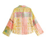 Patchwork Button Up Shirt Women Print Long Sleeve Top Female Loose Summer Blouses Woman 2023 Collared Women's Beach