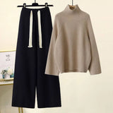 Women Sweater Suit Autumn Winter Turtleneck Knitting Sweater and Wide Leg Pants Sets Elegant Loose Jumpers Oversized
