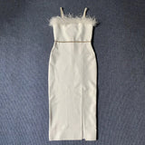 Beading Bandages Dress Women Black Feathers Elegant Clothing Celebrity Party Club Bodycon Midi