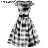 Retro Rockabilly Women O Neck Polka Dot Vintage Dress with Belt A Line Cap Sleeve Black White Plaid Print Pin Up