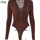 V Neck Brown Bodysuit Women Autumn Long Sleeve Top Bodies Sexy 2023 Female Overalls Casual Bodycon