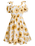 Boho Dress Women 3XL Cold Shoulder Self Tie Sunflower Print Dress Square Neck Fashion Party