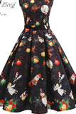 Women Casual Elegant Office Work Red Christmas Retro Hepburn O-neck Sleeveless Swing Party