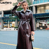 Autumn Long Black Cool PU Leather Trench Coat for Women Belt Single Breasted Loose Korean Fashion Wholesale Clothes