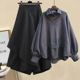 Women 2023 Spring Patchwork Long Sleeve Tops + Asymmetric Pants 2 Piece Suit Female Party Elegant Casual Two Piece