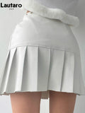Spring Summer Sexy Retro White Black Pu Leather Mini Pleated Skirt Women Zipper Rivet Side Slit Short Designer