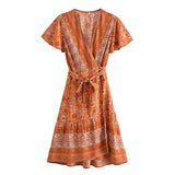 Queens Women Pink Floral Print Cross V-neck Beach Wrap Mini Dress Ladies Short Sleeve Rayon Boho Dresses