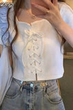 Sleeve Y2k Camisetas Tees High Waist Lace-up Short Length Crop Tops Fashion Vintage Women Summer Tshirts American