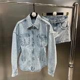 2022 Autumn Turn Down Collar Blue Slim Denim Jacket Short Mini Skirt Two Piece Set Women Outfits
