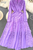 Autumn Women Mesh Patchwork Lace Long Dress Vintage V-Neck A-Line Elegant Party Maxi Robe Purple/White/Green Vestido