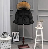 Large Natural Raccoon Fur Winter Jacket Women 90% White Duck Down Coats Thick Warm Parkas Sash Tie Up Short Snow