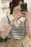 Two Piece Patchwork Korean Knitted Tshirts Puff Sleeve Women Turn-down Collar Ice Silk Tees Loose Striped Y2k