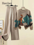 Winter 2 Piece Sets Womens Outfits Office Ladies Oversized Knitted Swerter And Wide Leg Pants Suits Knitting Two Piece
