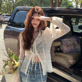 Y2K Lace Thin Shirt Women Sexy Sunscreen See Through Slim Blouses Vintage Skinny Casual Crop Tops Sun Protection