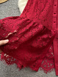 Women Lace Party Long Dress Vintage O-Neck Puff Short Sleeve High Waist Single Breasted A-Line Elegant Vestidos