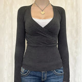Lace Splice Crossover Long Sleeve Knit TeeOutfit