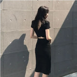 Zingj / Summer 2024 New Korean Version Ins Wrap Hip Skirt Sexy Medium Long Slit Short Sleeve Back Bottom Dress